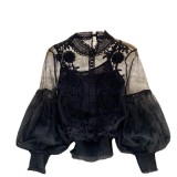 Women Flowers See-Through Mesh Lantern Sleeves lace crop Top