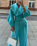 Autumn Long Solid Color Turndown Collar Slim Waist Slim Fit Two Piece Blazer Pants Set Chic Career Suit
