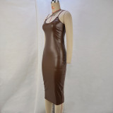 Women sexy Strap v-neck slit pu Leather Midi Dress
