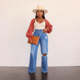 Women Ripped Denim Washed Wide Leg Straight Pants