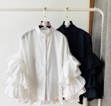 Women multi-layered ruffled Bell Bottom loose-sleeved Stand Collar shirt