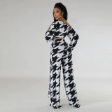 Women Printed Plaid Lace-Up Slash Shoulder Top and Pant Two-piece Set