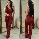 Women Solid Sleeveless One Shoulder Sequin Jumpsuit
