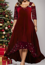 Plus Size Women Autumn Solid Sequins Maxi Dress