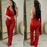 Women Solid Sleeveless One Shoulder Sequin Jumpsuit
