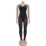 Women Solid Mesh Beaded Sleeveless Jumpsuit