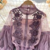 Women Flowers See-Through Mesh Lantern Sleeves lace crop Top