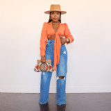 Women Ripped Denim Washed Wide Leg Straight Pants