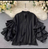 Women multi-layered ruffled Bell Bottom loose-sleeved Stand Collar shirt