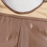 Women sexy Strap v-neck slit pu Leather Midi Dress