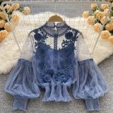 Women Flowers See-Through Mesh Lantern Sleeves lace crop Top