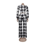 Women Printed Plaid Lace-Up Slash Shoulder Top and Pant Two-piece Set