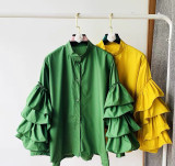 Women multi-layered ruffled Bell Bottom loose-sleeved Stand Collar shirt