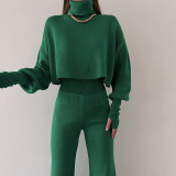 Women Casual High Neck Loose Long Sleeve Top and Pant Two-piece Set