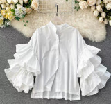 Women multi-layered ruffled Bell Bottom loose-sleeved Stand Collar shirt