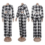 Women Printed Plaid Lace-Up Slash Shoulder Top and Pant Two-piece Set