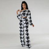 Women Printed Plaid Lace-Up Slash Shoulder Top and Pant Two-piece Set