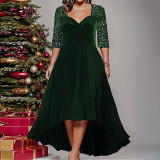 Plus Size Women Solid V Neck Long Sleeve Sequins Maxi Dress