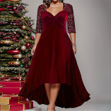 Plus Size Women Solid V Neck Long Sleeve Sequins Maxi Dress