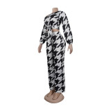 Women Printed Plaid Lace-Up Slash Shoulder Top and Pant Two-piece Set