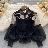 Women Flowers See-Through Mesh Lantern Sleeves lace crop Top