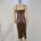 Women sexy Strap v-neck slit pu Leather Midi Dress