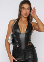 Women pu Leather Halter Neck Sexy Lace-Up Tank Top Women pu Leather Halter Neck Sexy Lace-Up Tank Top