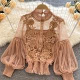 Women Flowers See-Through Mesh Lantern Sleeves lace crop Top