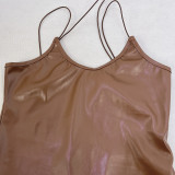 Women sexy Strap v-neck slit pu Leather Midi Dress