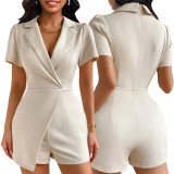 Women Sexy Solid Turndown Collar Jumpsuit