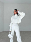 Women Casual High Neck Loose Long Sleeve Top and Pant Two-piece Set