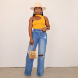 Women Ripped Denim Washed Wide Leg Straight Pants