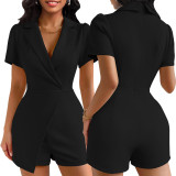 Women Sexy Solid Turndown Collar Jumpsuit