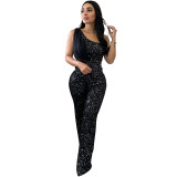 Women Solid Sleeveless One Shoulder Sequin Jumpsuit