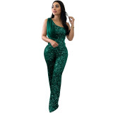 Women Solid Sleeveless One Shoulder Sequin Jumpsuit