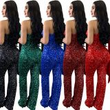 Women Solid Sleeveless One Shoulder Sequin Jumpsuit