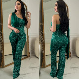 Women Solid Sleeveless One Shoulder Sequin Jumpsuit