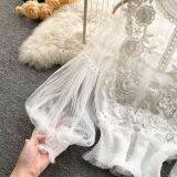 Women Flowers See-Through Mesh Lantern Sleeves lace crop Top