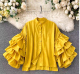 Women multi-layered ruffled Bell Bottom loose-sleeved Stand Collar shirt