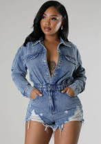 Women Stretch Ripped Tassel Loose Washed Denim Jumpsuit