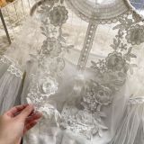 Women Flowers See-Through Mesh Lantern Sleeves lace crop Top