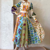 Women Chic Balloon Sleeve Turndown Collar Long Sleeve Dress