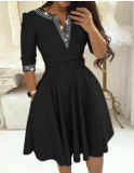 Women Elegant Beaded Long Sleeve Solid V-Neck Dress with Belt