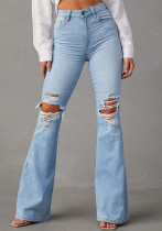Women High Waist Ripped Denim Bell Bottom Pants