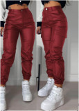 Women Zip Pleated Pockets Casual PU-Leather Pants