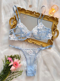 Women Autumn French Printed Embroidered Mesh See-Through Sexy Lingerie Two-piece Set