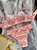 Women Autumn French Flower Embroidery See-Through Sexy Lingerie