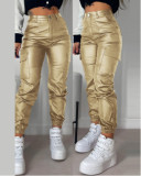 Women Zip Pleated Pockets Casual PU-Leather Pants