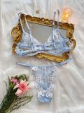 Women Autumn French Printed Embroidered Mesh See-Through Sexy Lingerie Two-piece Set