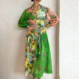 Women Chic Balloon Sleeve Turndown Collar Long Sleeve Dress